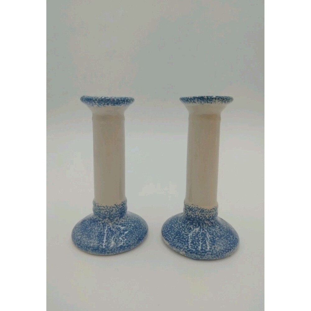 Ceramic Pottery Candle Holders White And Blue Specked Pair